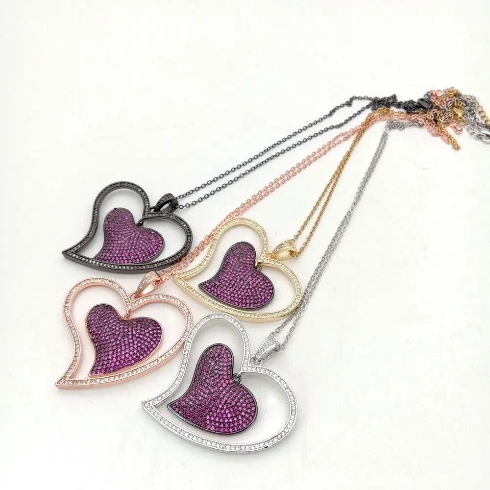 

1pc 40x42mm golden plated Cz micro Heart-shape charm pendant & Chain necklace