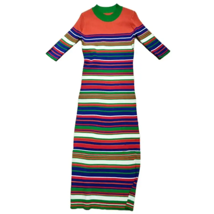 Весеннее женское трикотажное платье с коротким рукавом, цветное Полосатое женское облегающее платье-карандаш с круглым вырезом