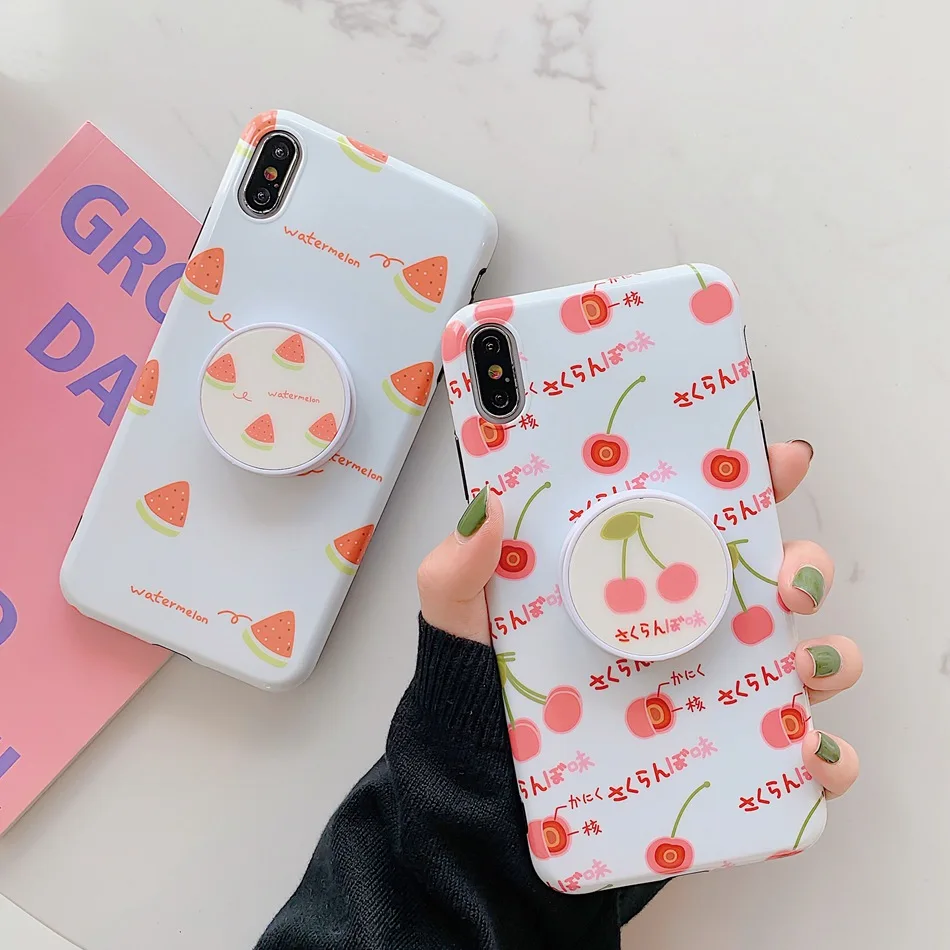 

For iPhone 7 Plus XR X XS Max Case Cute Cherry Watermelon Foldable Kickstand Holder Cover For iPhone 8 6 6s Plus Soft TPU Coque