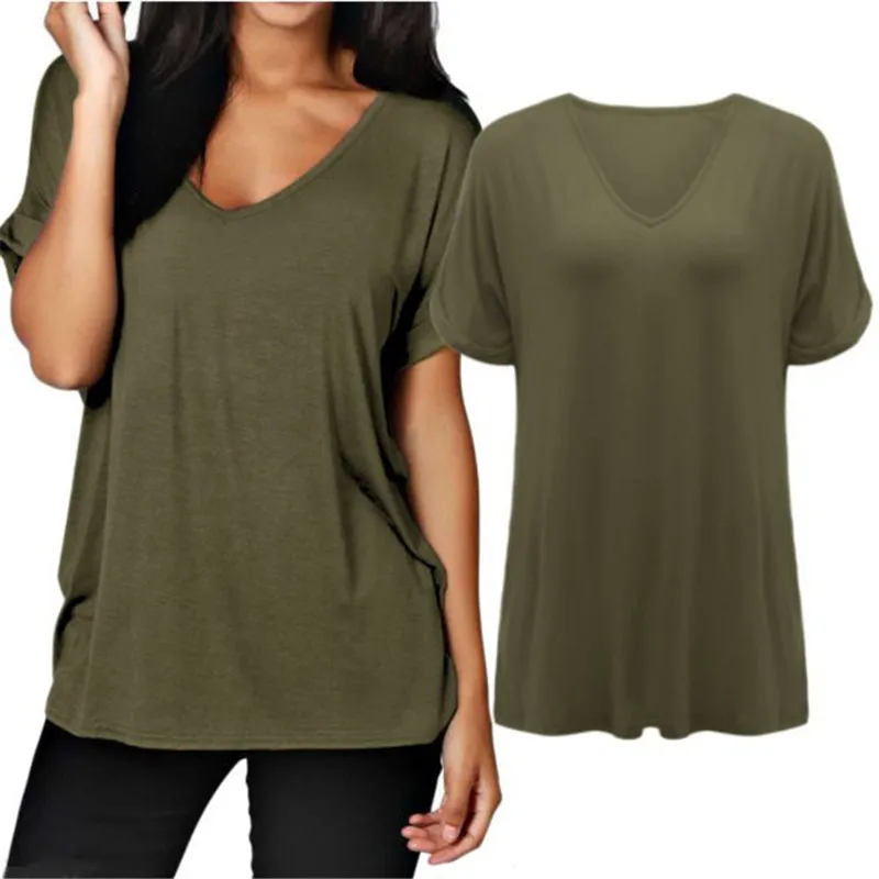 

ZANZEA 2019 Women Summer Plus Size Short Rolled Sleeve T Shirt Sexy V Neck Loose Plain Tops Tees camisetas mujer S-3XL T-Shirts