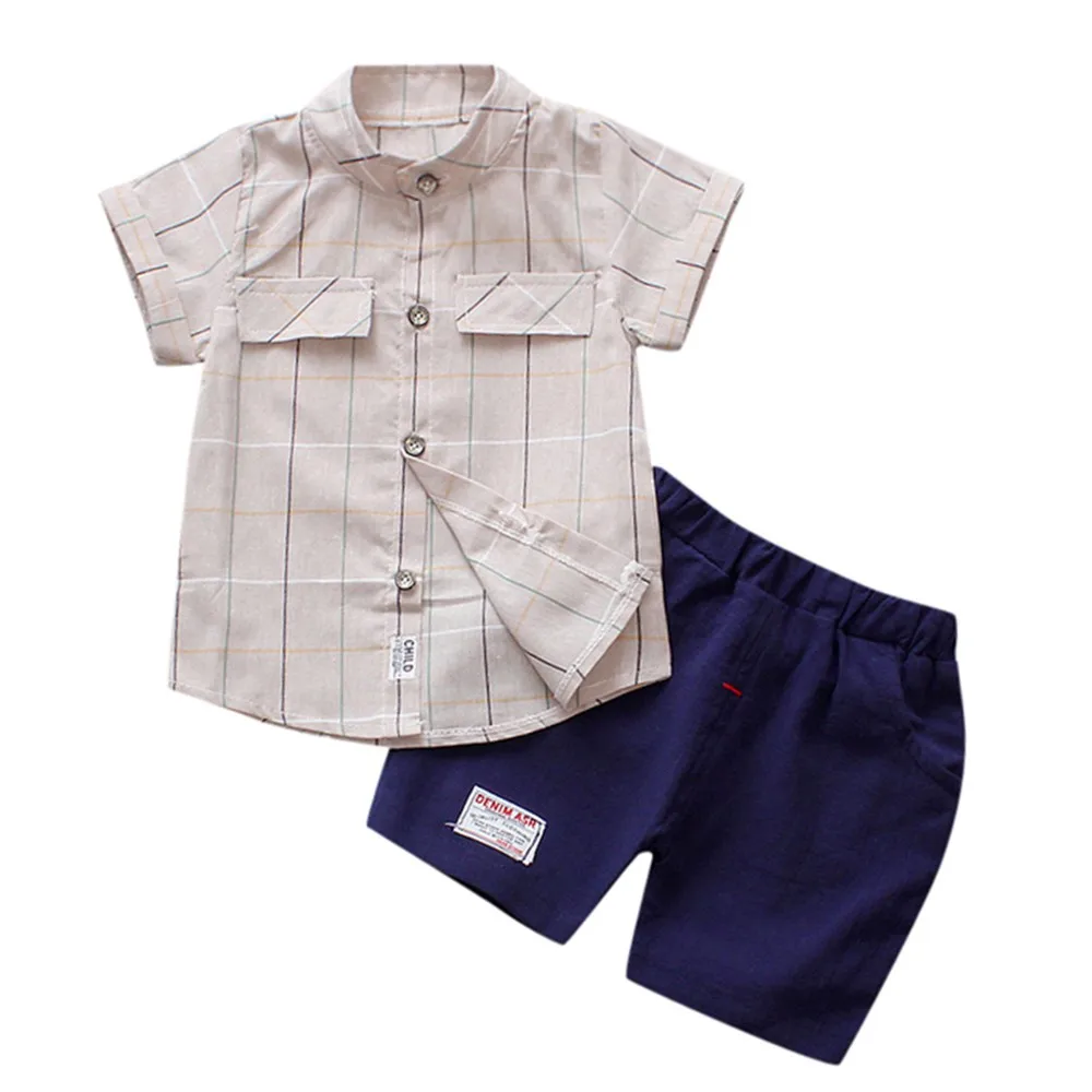 Комплект детской одежды, повседневная одежда для маленьких мальчиков клетчатый топ с короткими рукавами и открытым швом, комплект со штанами, праздничная одежда для мальчиков