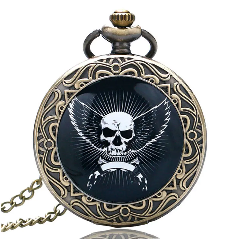 Skull And Crossbones Angel Wings Pocket Watch Antique Fashion Bronze