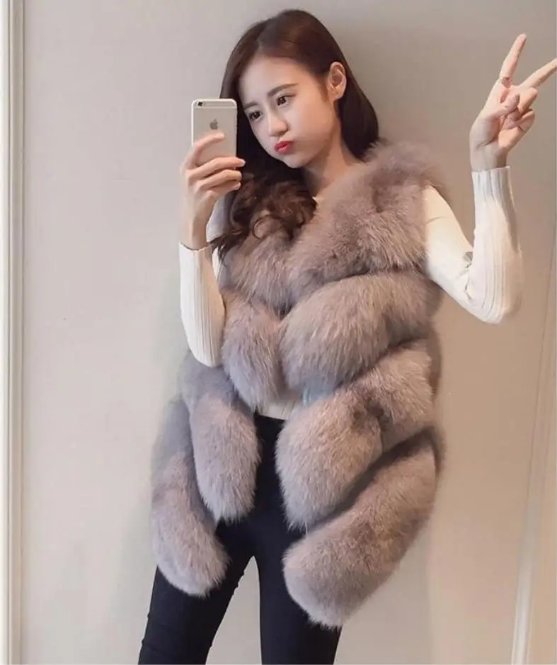 Veste Sans black army Patchwork Hiver De Green En L1698 Original Manteau Faux Grey Grey khaki Fausse Fourrure pink Chaud dark Femmes Outwear Gilet Renard Épaissir Manches light ORUvwR5q