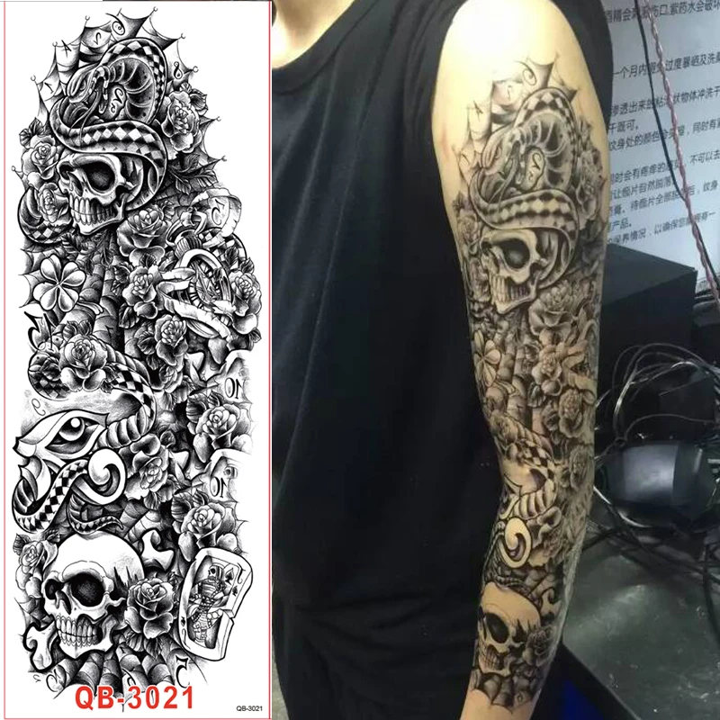 Полный рукав татуировки наклейки большая роза цветок плеча поддельные татуировки для мужчин череп смерти черный Огонь временные татуировки 48 см