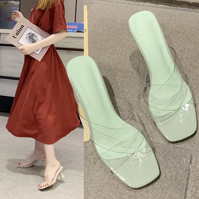 

2019 New Summer Slippers Female Square Toe Transparent Women Shoes Woman Slippers Spike Mid Heels Ladies Slippers Slides Mules