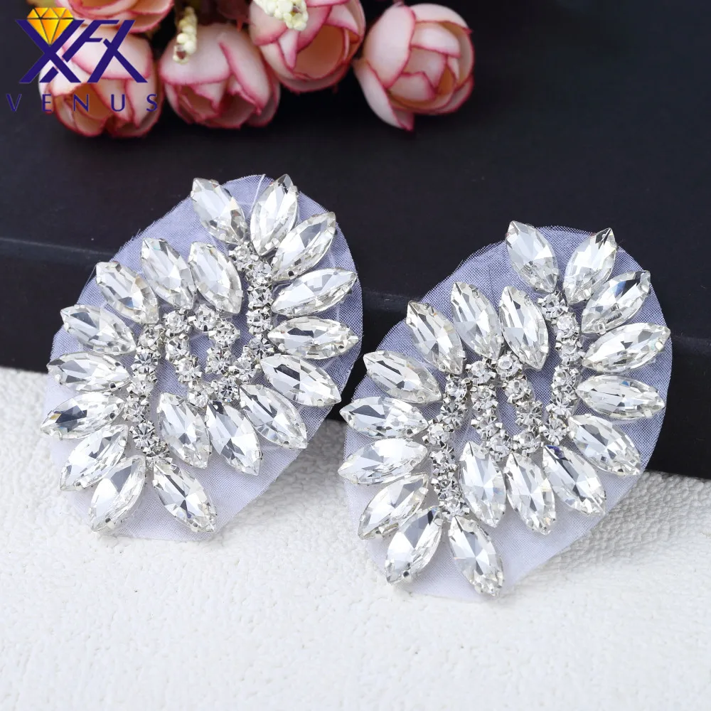 

XFX VENUS 1 Pair Iron on wedding dress bridal garter belt glass beads rhinestone trim crystal diamante applique