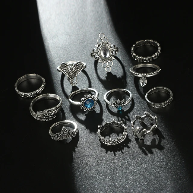 HuaTang Antique Silver Crystal Ring Set Knuckle Wedding Ring Set Geoemtric Elephant Opals Rings Anillos Anel Rings Jewelry 6581