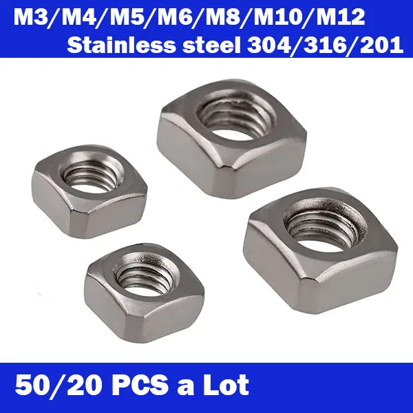 

50Pcs/20Pcs DIN557 GB39 M3 M4 M5 M6 M8 M10 M12 316/201/304 Stainless Steel Square Nuts HW052