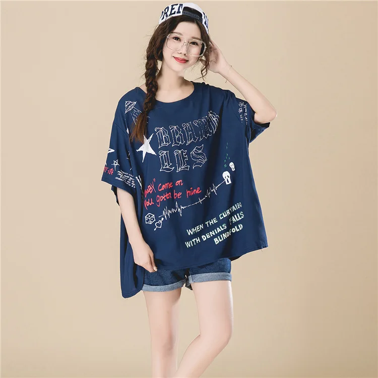2018 Summer Loose Short Sleeve Oversize T shirt Women Korean Fashion Print Irregular Top Black White Plus Size T Shirt