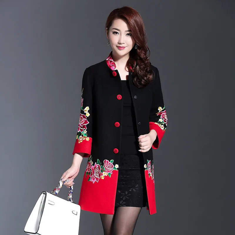 Plus Size 4XL Cashmere Flower Embroidery Women Winter Long Coats 2018 Black Red Patchwork Single Breasted Eleagnt Overcoat Plus Size 4XL Cashmere Flower Embroidery Women Winter Long Coats 2018 Black Red Patchwork Single Breasted Eleagnt Overcoat