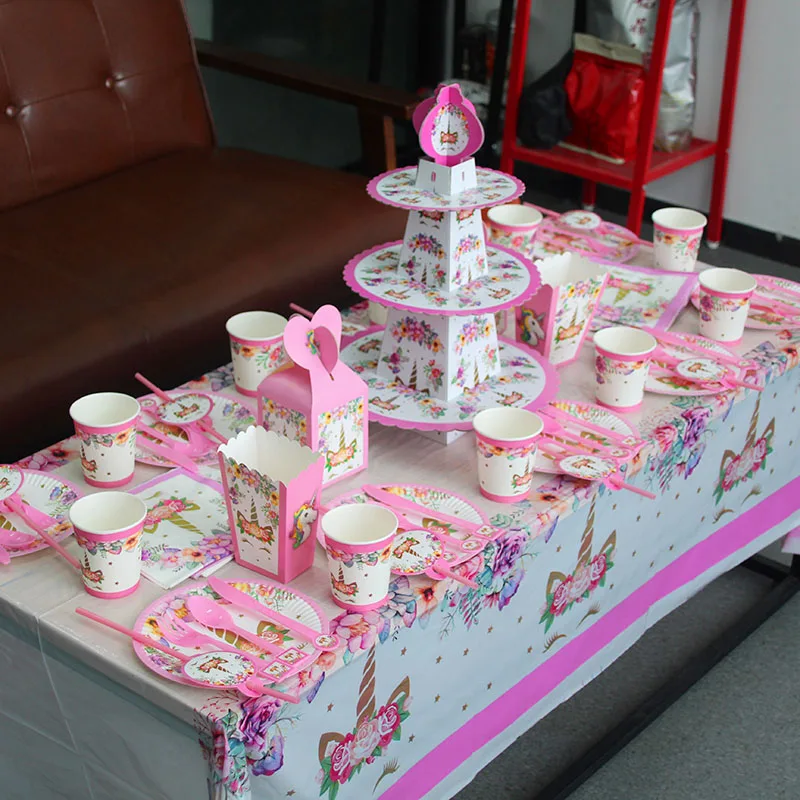 Вечерние столовые приборы розового цвета с единорогом для маленьких детей, декор для вечеринки в честь Дня Рождения, чашка для салфеток, скатерть, коробка для конфет, декор для детского душа, 1st 2st