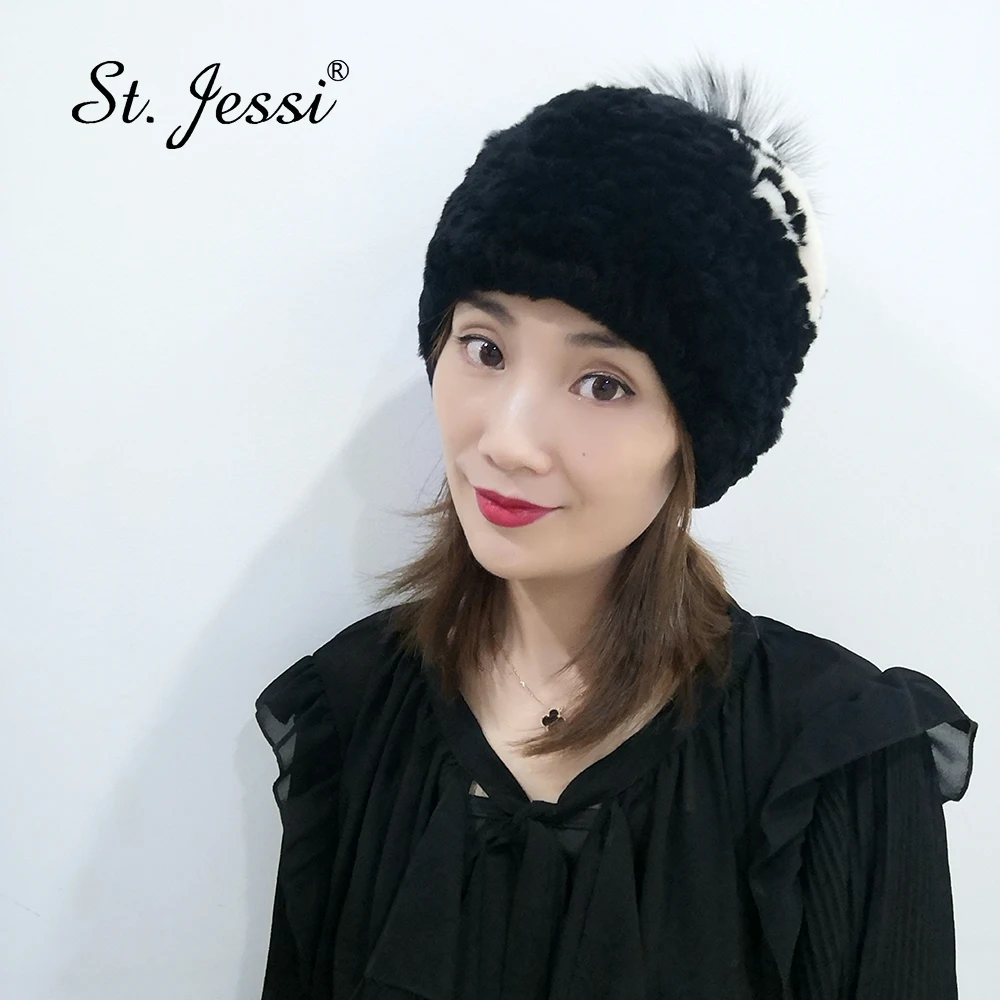 

ST.Jessi 2019 Lady's Hat Real Natural Rex Rabbit Fur Hats Headgear Fashionable Pattern Cap with Silver Fox Ball Warm Beanies