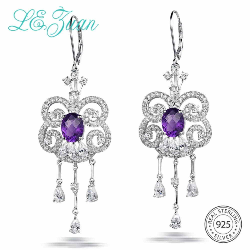 

L&zuan Vintage Style 3.78ct Natural Amethyst Earrings With Clasps in Real 925 Sterling Silver White CZ Earrings Wedding Jewelry