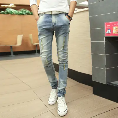 Straight Jeans 2015 Slim Fit Ripped Pants Men Full Length Off