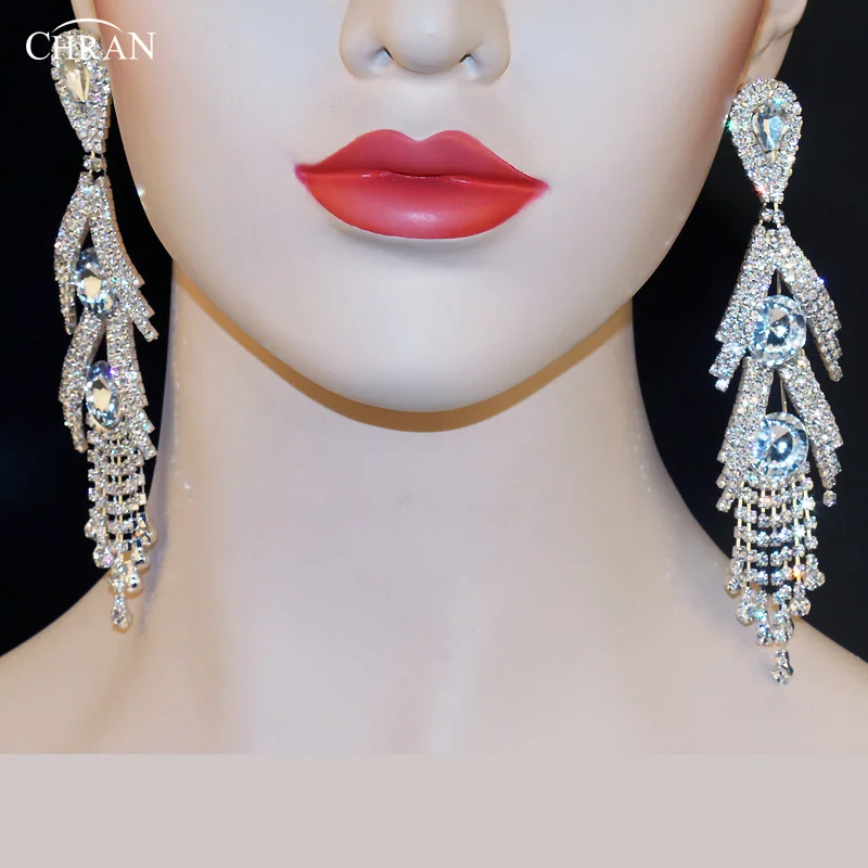 

CHRAN Gold Silver Color Sparkling Rhinestone Long Tassel Earrings for Women Exaggerated Crystal Dangle Drop Earrings Jewelry