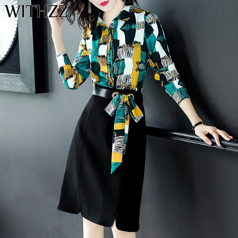 

WITHZZ Autumn Temperament OL Print Two Piece Set High Waist Skirt Set Belt Female Set Clothes Women's Sets Suit