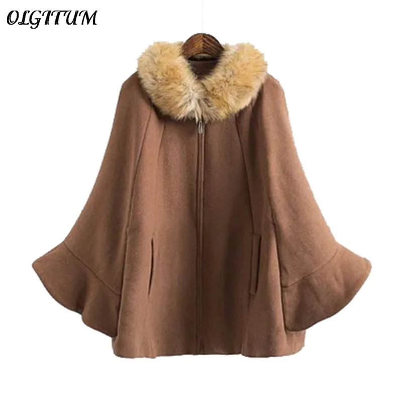 ##BUY Autumn winter new women casual parka bat sleeve woolen jacket with fur collar jacket coat thicken warm Woolen coat loose outwear