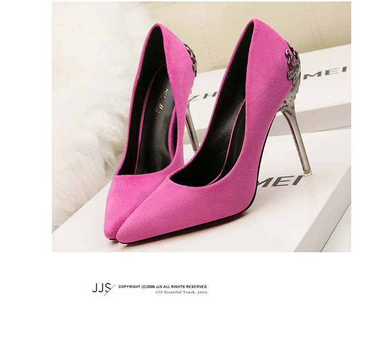 Элегантные цветные свадебные туфли с острым носком; женские туфли-лодочки; однотонные модные пикантные женские туфли из флока на высоком каблуке с пряжкой