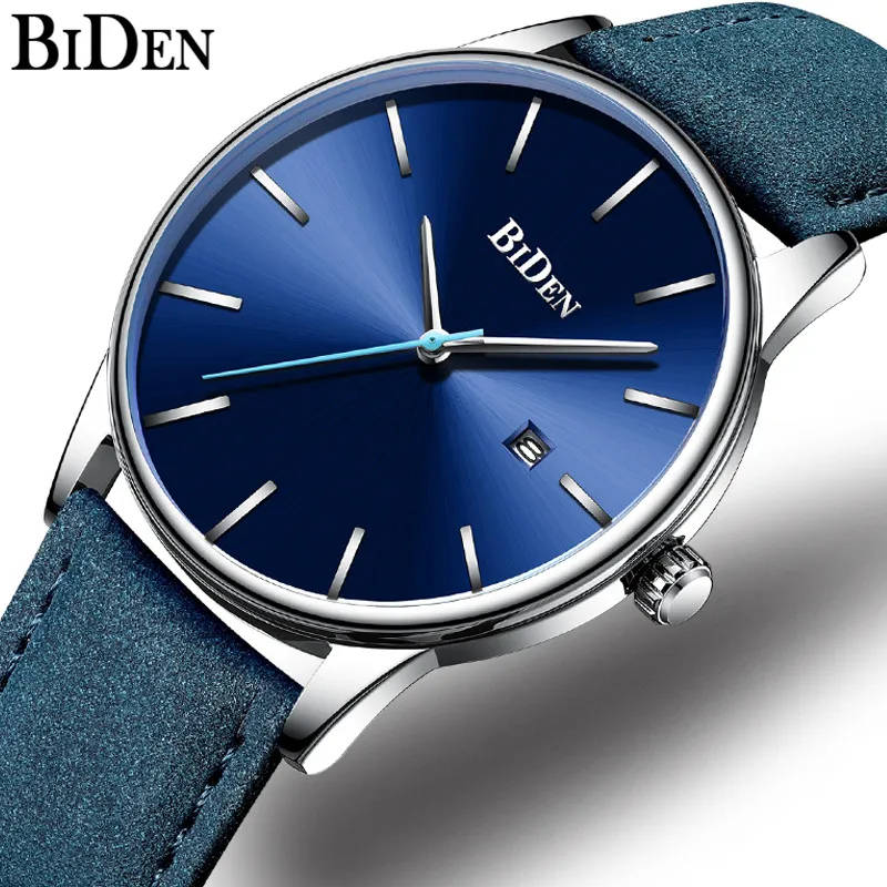 

BIDEN Luxury Watch Men Blue Ultra Thin Quartz Watch For Men Leather Strap Waterproof Man Sport Watches Wrist Relogio Masculino