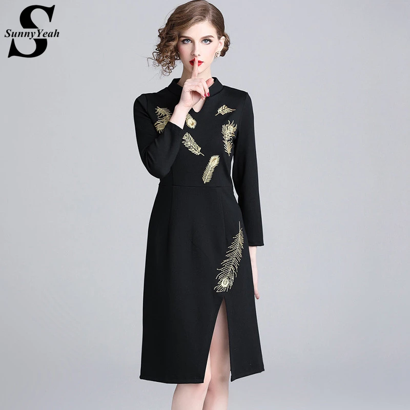 SunnyYeah Вышивка Черный Карандаш Bodycon платье Для женщин миди элегантное 2019 весна