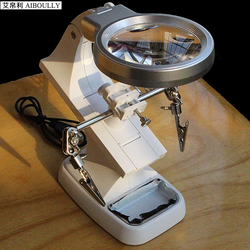 LED LIGHT Soldering Iron Stand Clamp Clip Helping Hand Magnifying