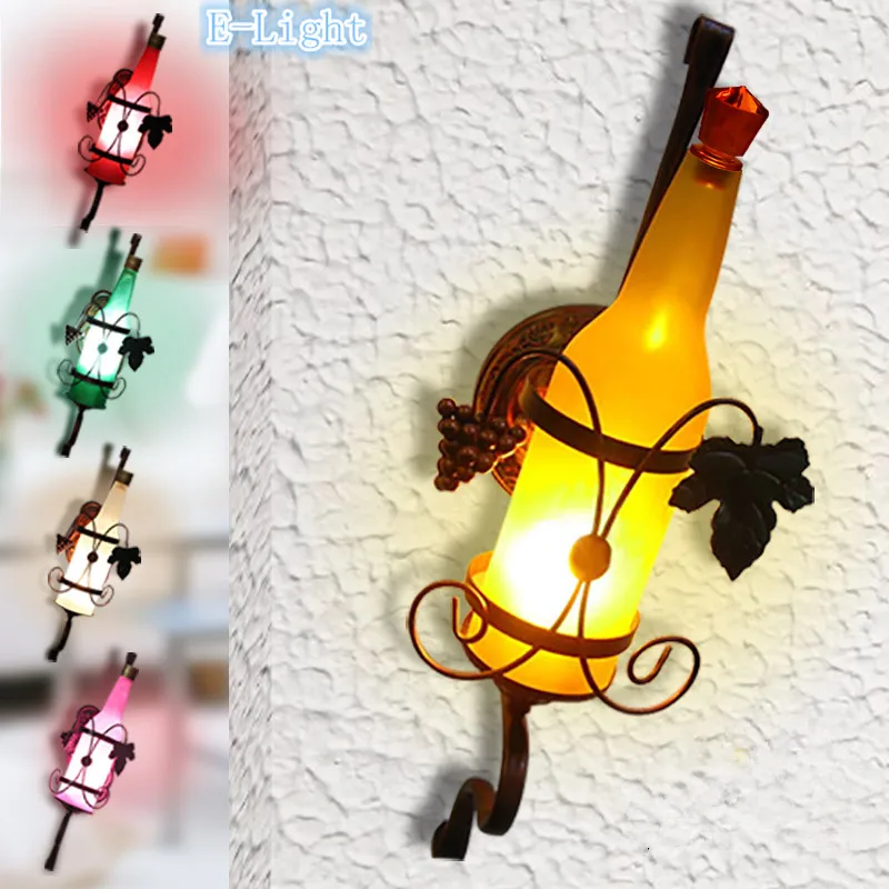Rrustic Vintage Beer Bottle Wall Lamp , Creative Colours Glass Bottle Wall Light For Led Aisle Bedroom Bedside Wall Use E27 BULB