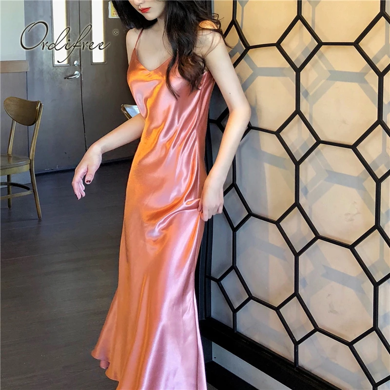 Ordifree 2022 Summer Women Long Satin Slip Dress Spaghetti Strap Party Dress Vintage Pink Gold Black Silk Sexy Maxi Dress