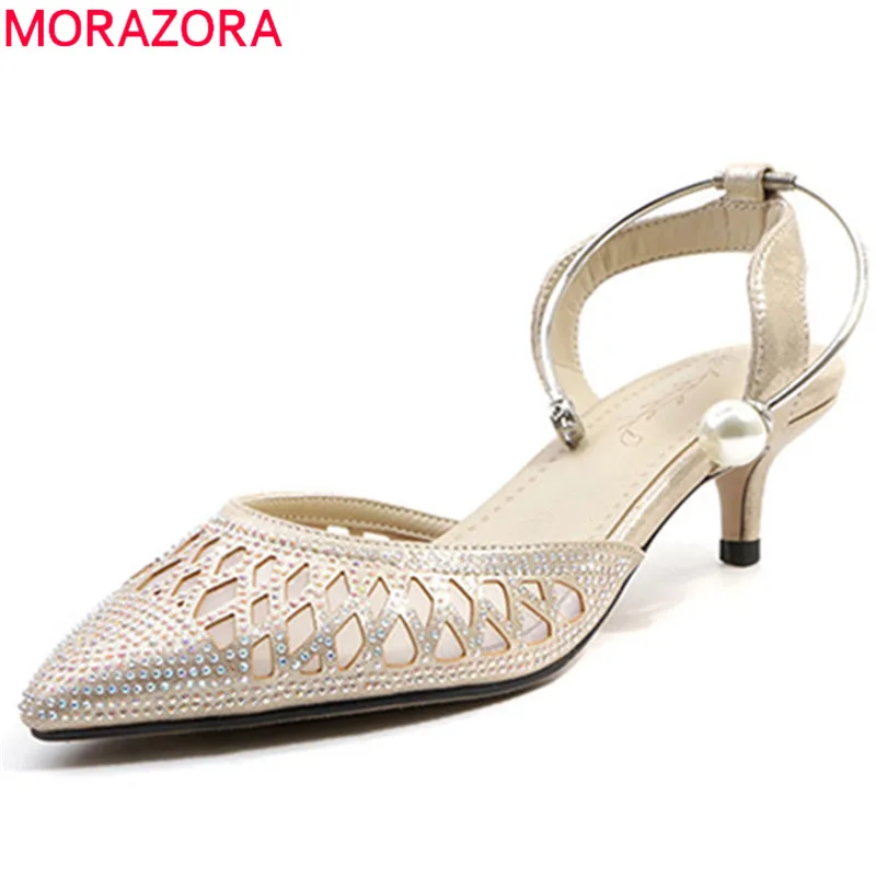 

MORAZORA 2020 top quality women sandals pointed toe summer shoes hollow out crystal party wedding shoes thin high heels shoes