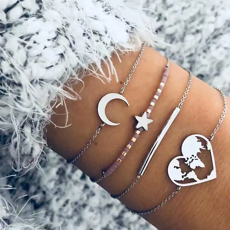 

4 Pcs/Set Love Heart Moon Star Charm Bracelets Bangles for Women Hexagon Sea Shell Bracelet Handmade Boho Braclet Jewelry 2019
