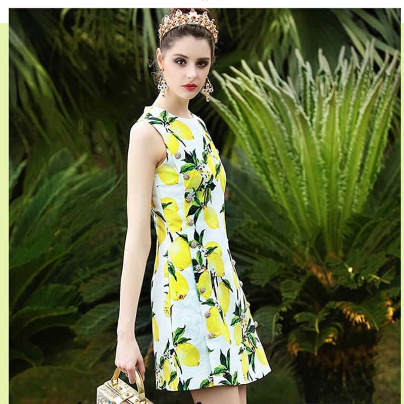 Summer Runway Designer font b Dress b font Women s High Quality Yellow Lemon Fruit Printed