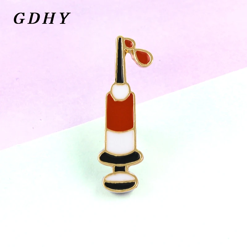 

GDHY New Cartoon injection Syringe brooch red Syringe Medical Enamel pins Doctor Nurse syringe badge jewelry Broche Bijoux
