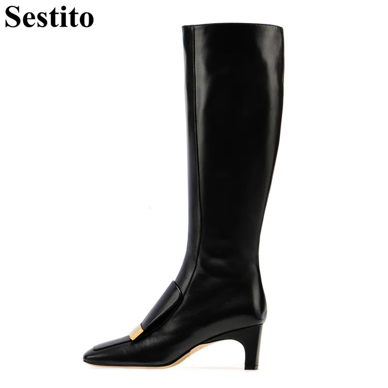 

New Fashion Black Metal Decoration High Boots Square Toe Hoof Heels Knee-High Winter Boots Women Zip Autumn Casual Women Shoes