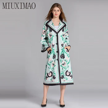 

High Quality 2018 Fall New Arrival V-Neck Full Sleeve SIZE Flower Printed Sashes A-Line Elegant Ankle-Length Long Dress Women