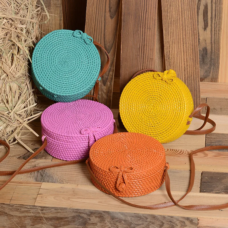 

Small Round Rattan bag Women shoulder bag Handmade Woven wicker Women Crossbody bag Rattan blue orange Fashion Circular handbag