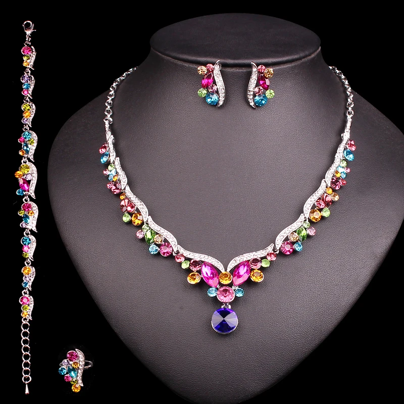 Женский ювелирный комплект из колье и серёг с кристаллами|crystal bridal jewelry set|costume