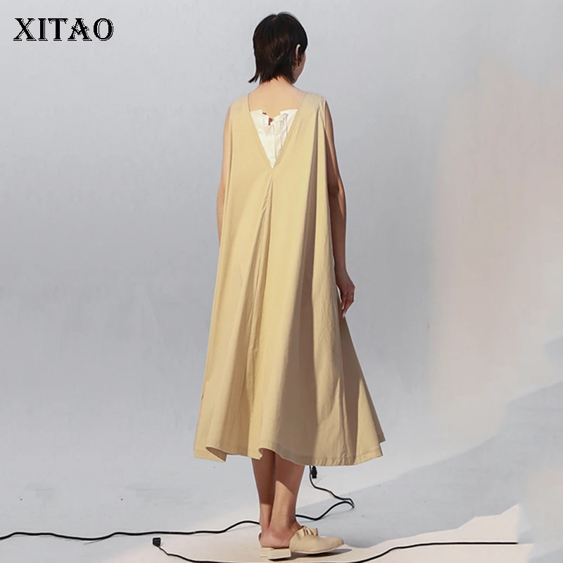 [XITAO] Korea 2018 New Summer Fashion Women Sleeveless V-Neck A-Line Dress Female Solid Color Loose Mid-Calf Dress KZH1233