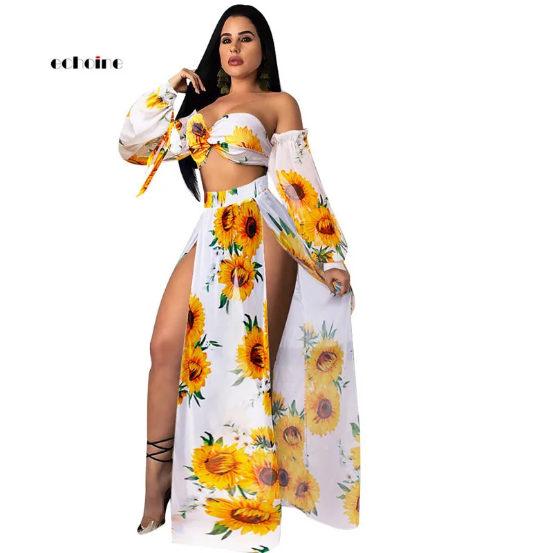 

Echoine Women Sexy Multi-Pieces Set Sun Flower Print Sexy Bra Sleeve Cage Briefs Long Skirt Fashion Suits Swimming Beach Outwear