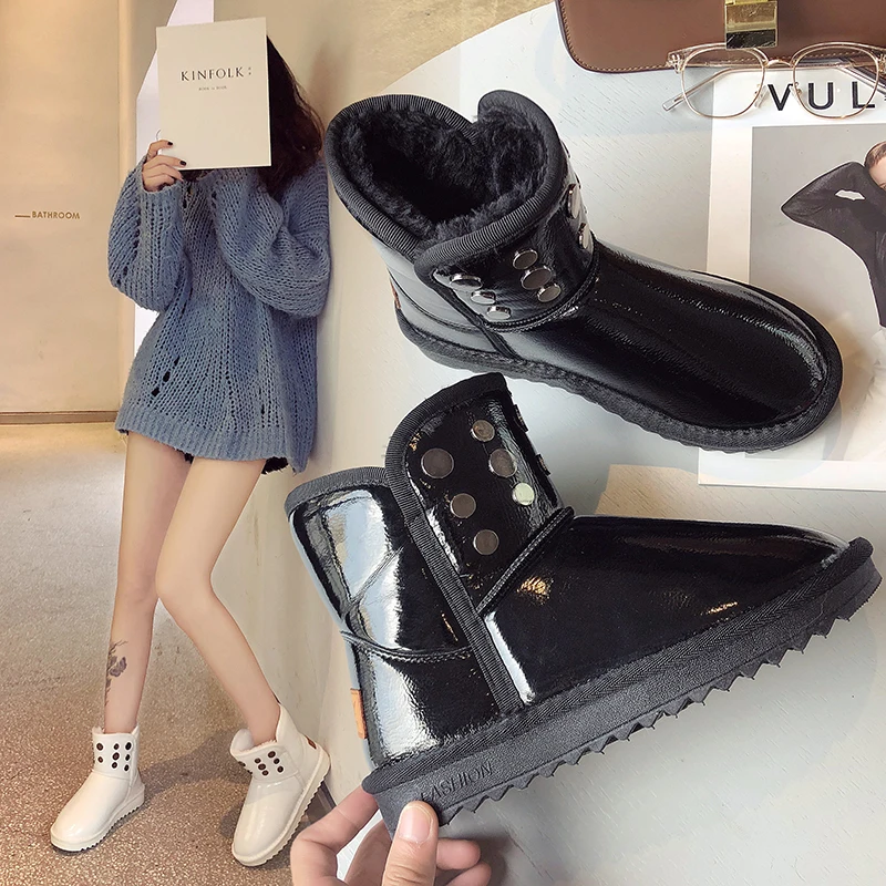 

Snow Boots Women Flat Slip-On Ankle Fur Boots Solid Warm Casual Non-slip Patent Leather Rivet Winter Boots Emu Australia Boots