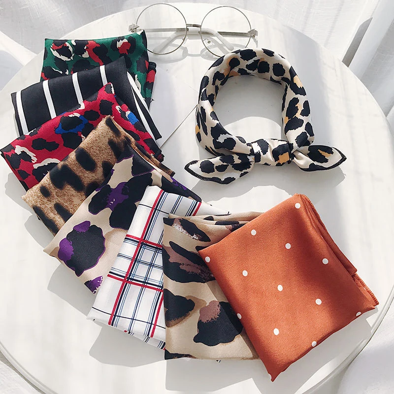 

New 50x50cm Women Multifunction Polyester Silk Scarf Sexy Leopard Printed Satin Small Square Wraps Scarves Shawl Shawls