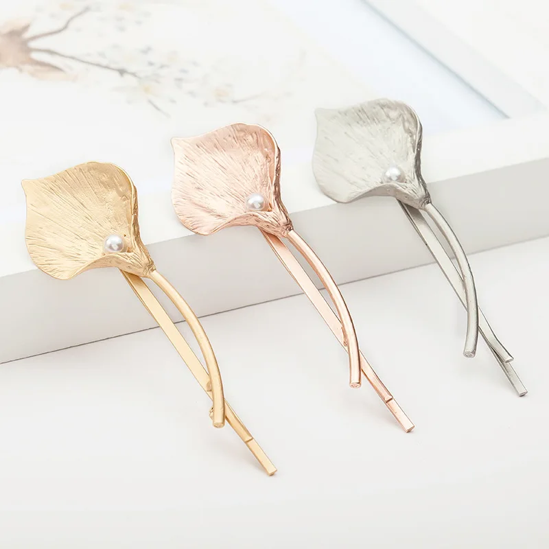 

Beautiful Calla Lily Flower Simulated Pearl Golden Silver Metallic Hair Clips and Pins Plant Barrette Women Headwear Accessories