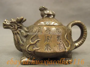 

Chinese Bronze Copper Carved Shou Longevity Dragon Turtle Statue Teapot Win Pot
