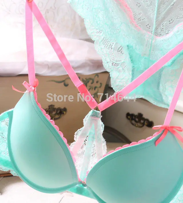 Quality Mint Green Front Button Bra Set Push Up Underwear Sexy Thongs