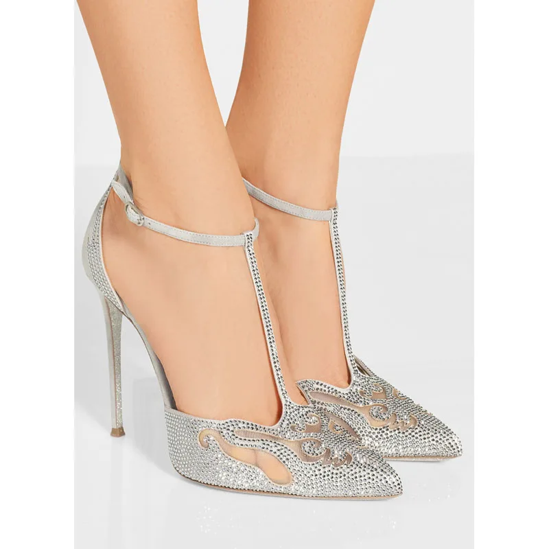 

New Sexy Pointed Toe Stiletto High Heels Women Pumps Ankle Strap Luxury Crystal Studded Shoes Party Wedding Elegant Ladies Shoes