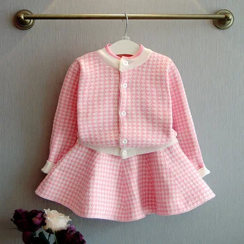 

A Generation of Fat Girls Houndstooth Knitted Suit 2016 Children Two Pieces of Long Sleeved Sweater Cardigan Skirt