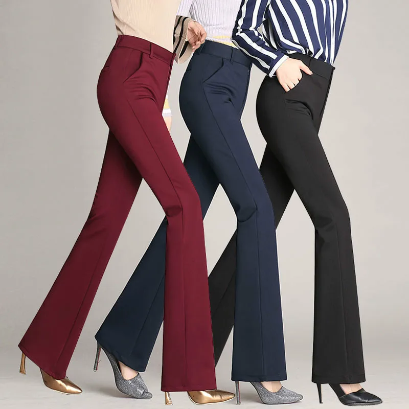 

Black blue Skinny Flare Pants Women Ladies Office High Waist Pocket Straight Pants Work Wear Trousers