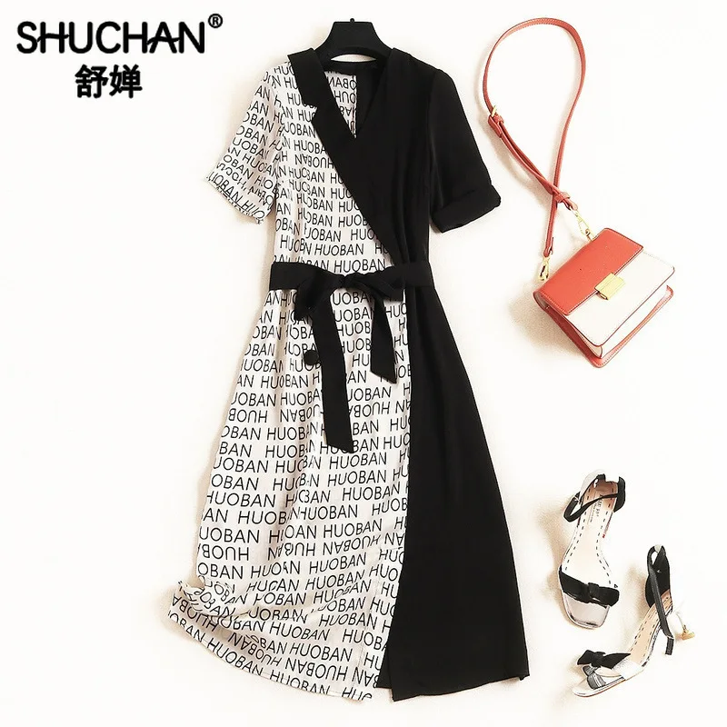 

Shuchan Asymmetrical Letter Print Designer Women Dresses 2019 High Quality Stylish Women Clothes Fashionable Lady's Dress 12017