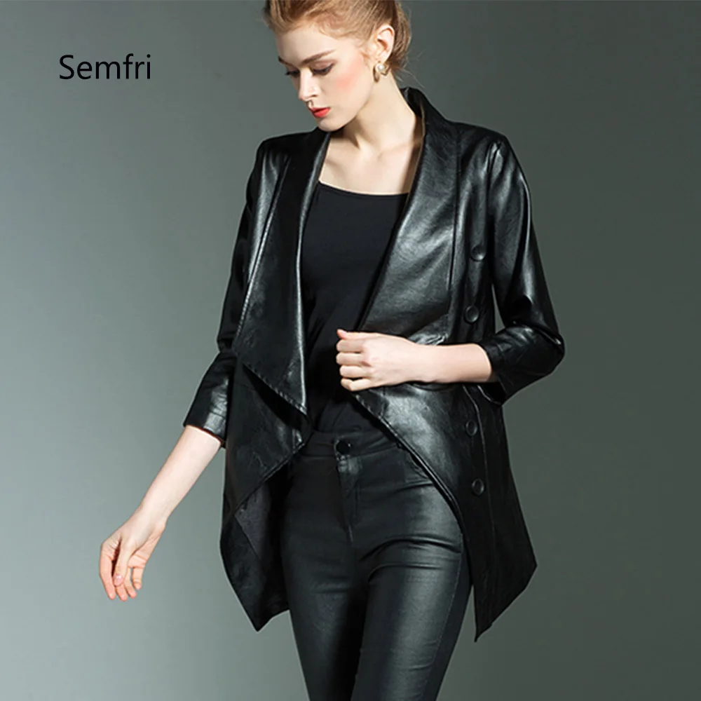 

Semfri Women Fashion Black PU Leather Jacket Winter Autumn Motorcycle Jacket Black Outerwear Elegent Office Lady Coats 2019