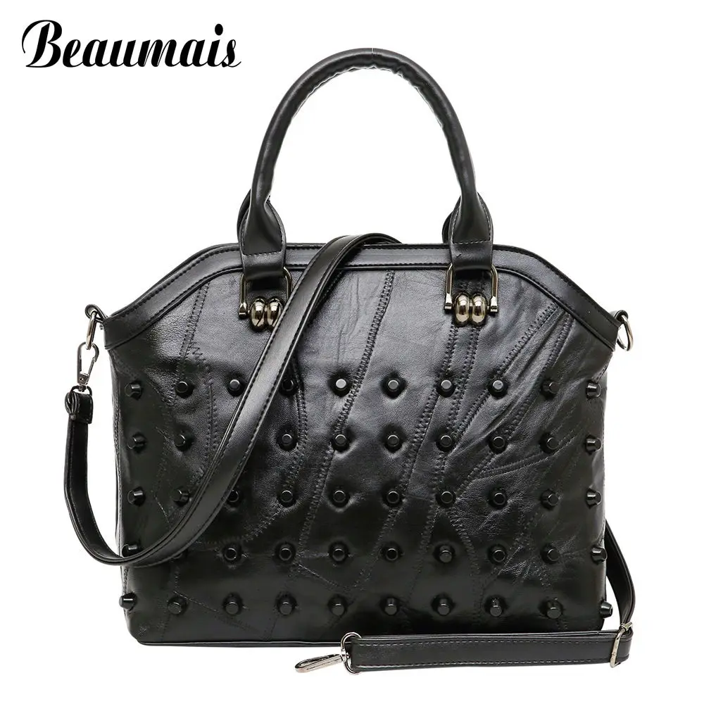 

Beaumais 2017 Genuine Leather Women Messenger Bags Rivet Shoulder Crossbody Bags For Women Leather Handbags Pouch Tote DB5871