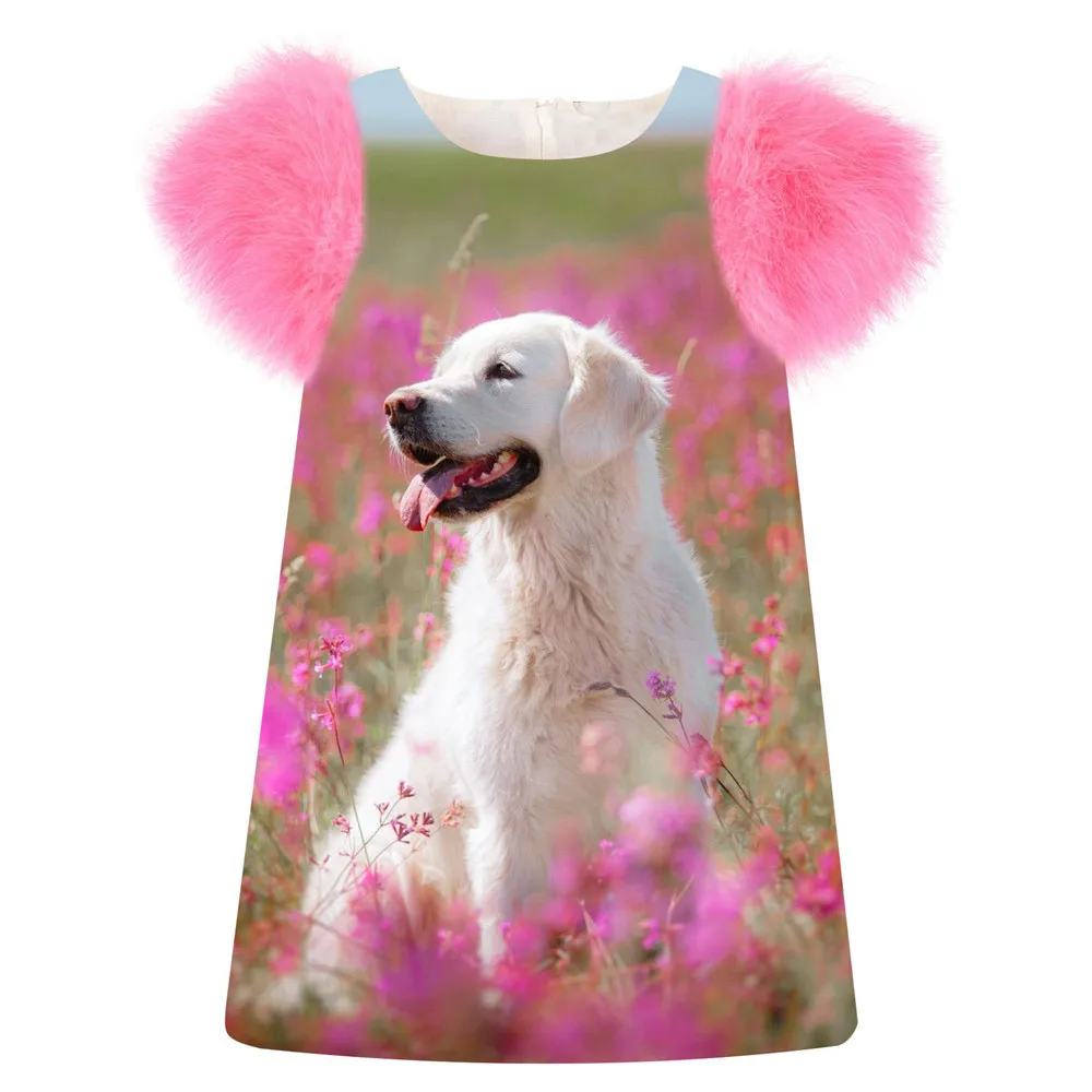 baby Girls Dress White dog print fashion Spring/Autumn faux fur sleeve dress Toddler Kids