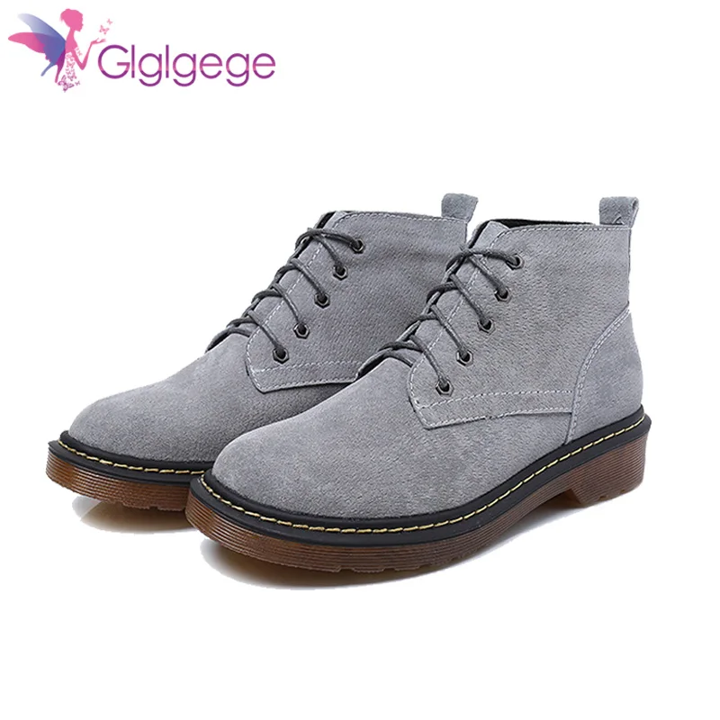 

Glglgege Fashion Large Size Women Ankle Winter Boots Square Flat Heel Women Shoes Round Toe Lace-Up Leather Women Plush Boots